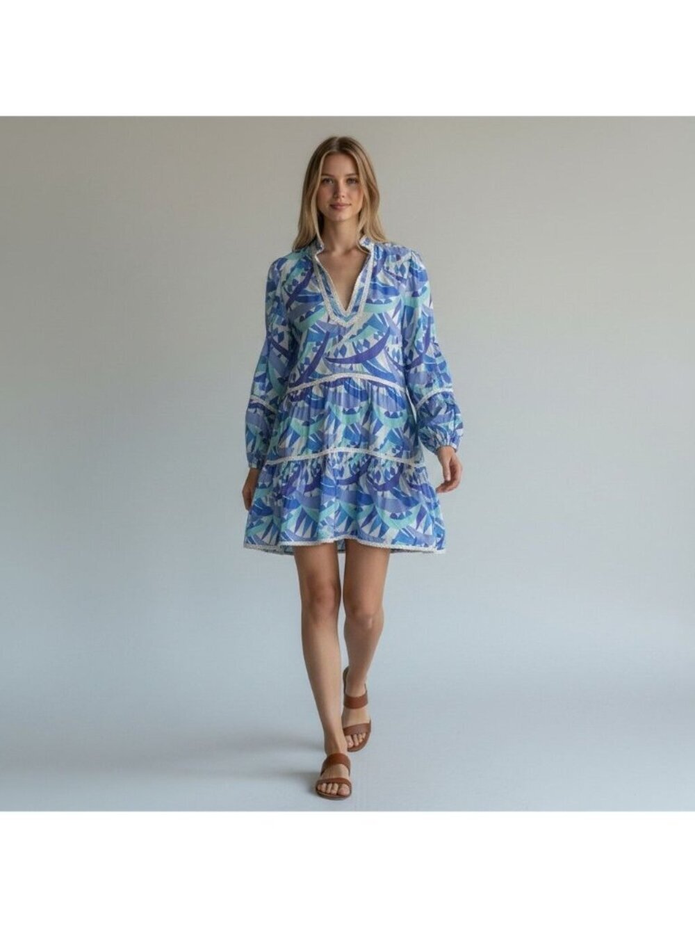 Sail To Sable Womens Penelope Long Sleeve Flare Ruffle Mini Dress Blue Size L/XL